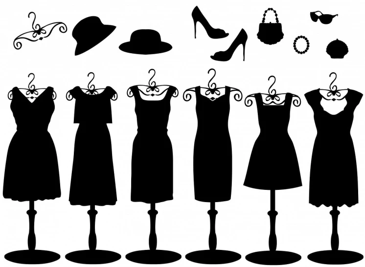 black silhouettes of dresses and hats on mannequins, a cartoon, by Carey Morris, trending on pixabay, lacey accessories, wearing a cocktail dress, rack, would you let me dress you