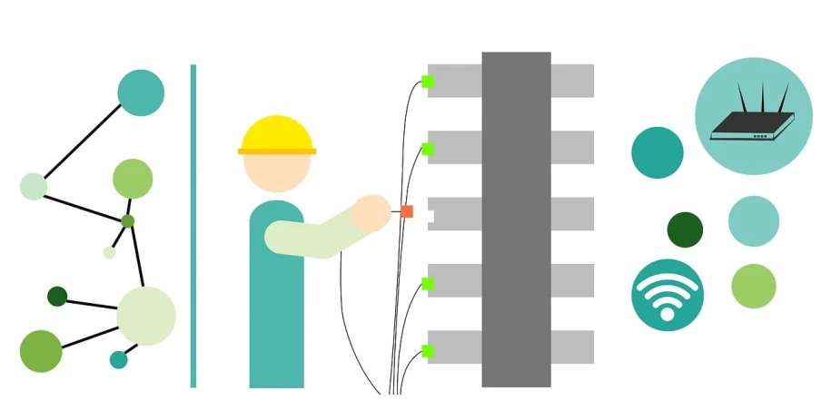 a man that is standing in front of a wall, a cartoon, constructivism, electrical plant location, cable wire implants, working, wikihow illustration