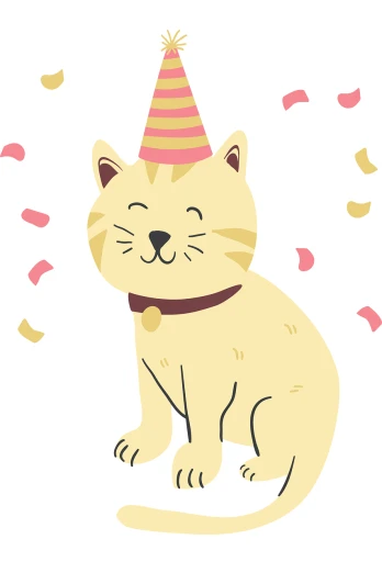 a cartoon cat wearing a party hat, an illustration of, mingei, happy ambience, a blond, confetti, simple stylized
