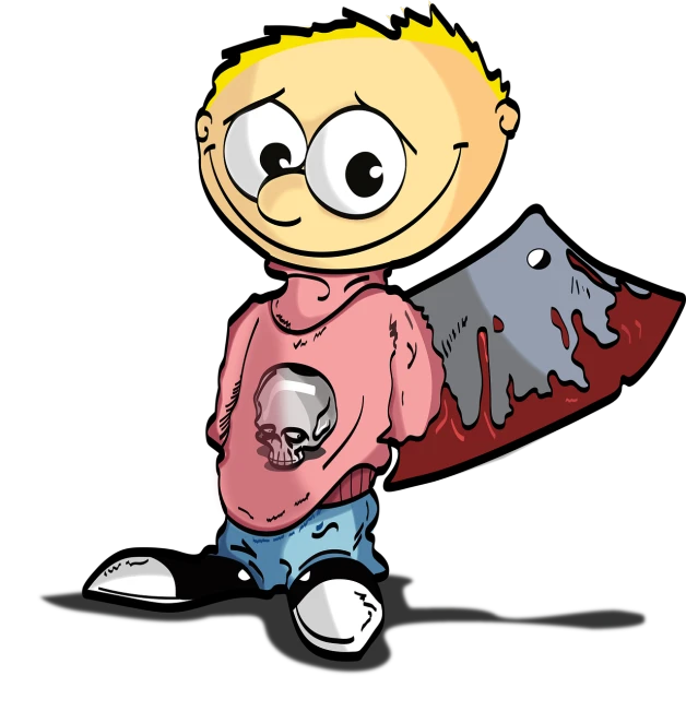 a cartoon boy with a knife in his hand, an illustration of, inspired by Clark Voorhees, ! baron harkonnen!, young child, gloomcore illustration, with a black background