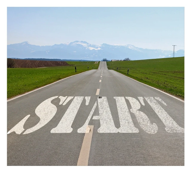 a road with the word start painted on it, by Kurt Roesch, happening, motivational poster, in the style of john baldessari, istockphoto, michellin star