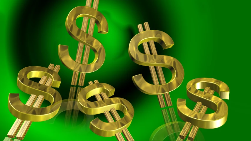 a group of golden dollar signs on a green background, a digital rendering, advertising photo, high res photo, mid shot photo