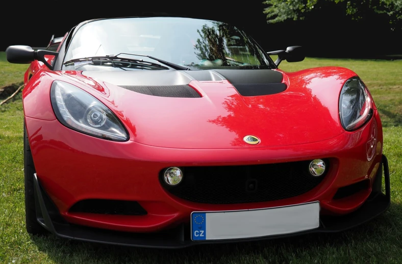 a red sports car parked in the grass, shutterstock, standing gracefully upon a lotus, extremely detailed frontal angle, frontlight, black and red