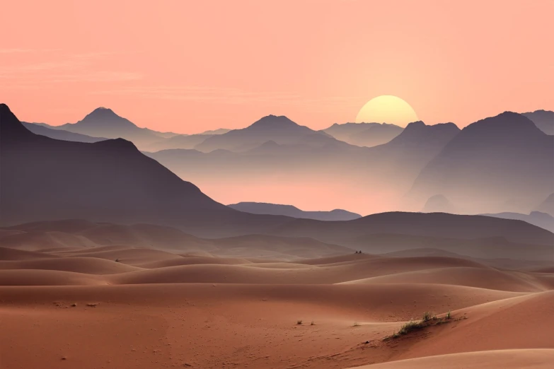the sun is setting over the mountains in the desert, inspired by Frederick Goodall, shutterstock, digital art, somewhere in sands of the desert, stock photo