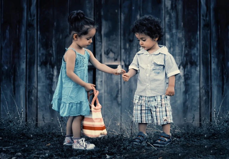 two young children holding hands in front of a wooden fence, by Zahari Zograf, pixabay contest winner, holding a stuff, bag, very sweet, repairing the other one