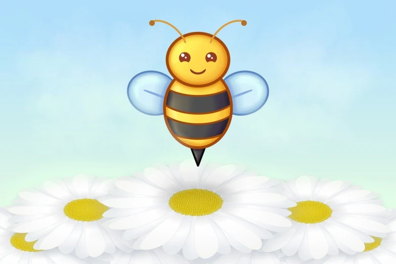 a bee flying over a field of daisies, vector art, naive art, 3 d icon for mobile game, pencil illustration, mascot illustration, cute adorable