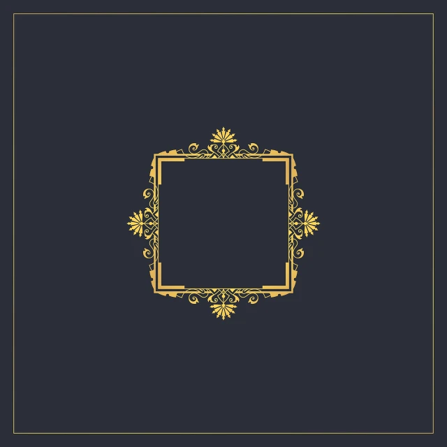 a square gold frame on a black background, vector art, inspired by Petros Afshar, behance contest winner, art deco, minimalist logo vector art, floral ornaments, colors with gold and dark blue, elegant and refined