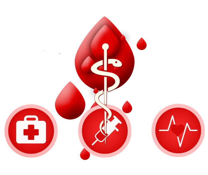 a group of medical icons on a black background, a digital rendering, by Alexander Fedosav, pixabay, blood drop, red banners, cane, blood red background