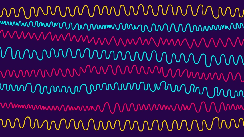 a pattern of colored lines on a dark background, a digital rendering, inspired by Victor Moscoso, wave function, drawn with a single line, sythwave, cmyk