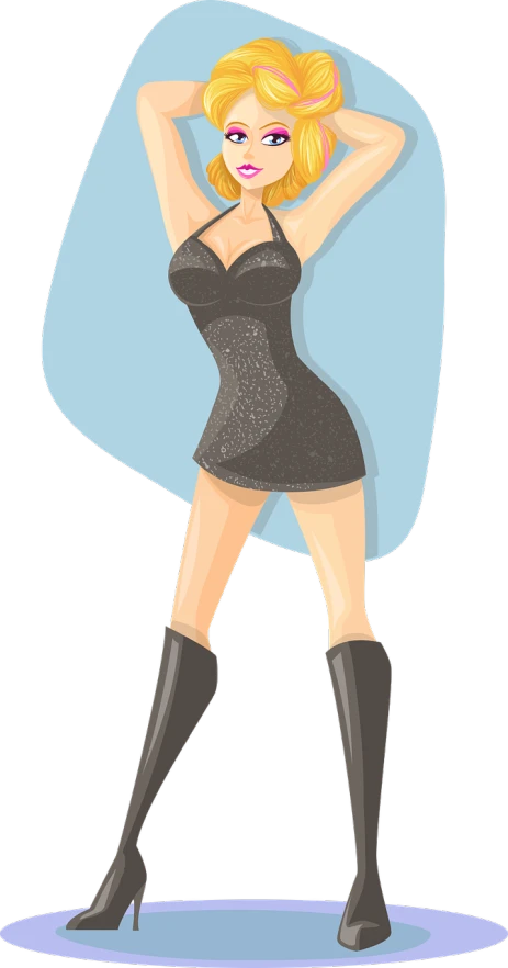 a woman in a black dress and knee high boots, a digital rendering, inspired by Tex Avery, deviantart contest winner, glitter gif, looking hot, vectorized, looks like britney spears