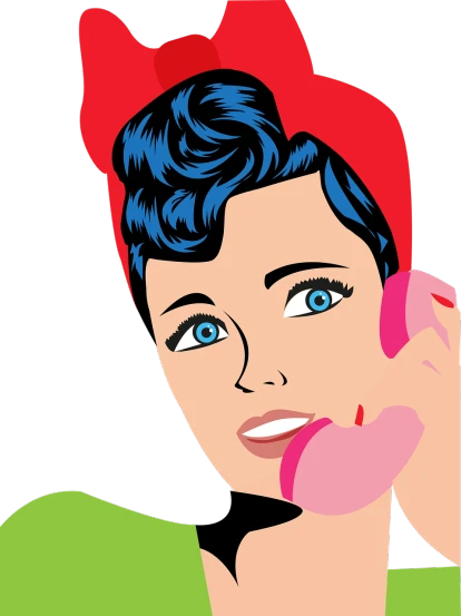 a close up of a person talking on a phone, vector art, pop art, pin up girl, contrasted colors, with a black background, closeup photo