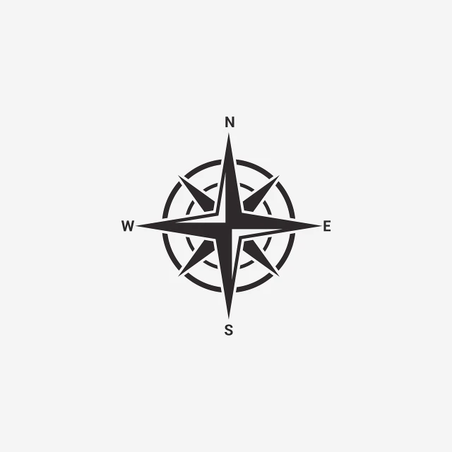 a black and white compass symbol on a white background, vector art, trending on unsplash, minimalism, single logo, waist high, on a gray background, from east to west