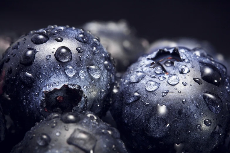 a bunch of blueberries covered in water droplets, hyperrealism, wallpaper mobile, fruits, dark blue and black, wonderful details