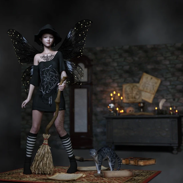 a woman dressed as a witch with a broom and a cat, a 3D render, cg society contest winner, gothic art, furnished with fairy furniture, high res photo, set photo