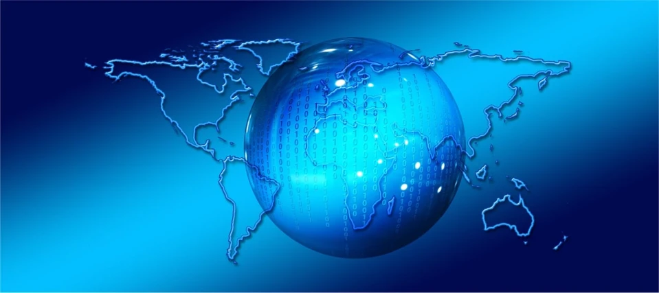 a blue globe with a map of the world in the background, a digital rendering, by Caroline Mytinger, the origine of cybertimes, business surrounding, binary, istockphoto