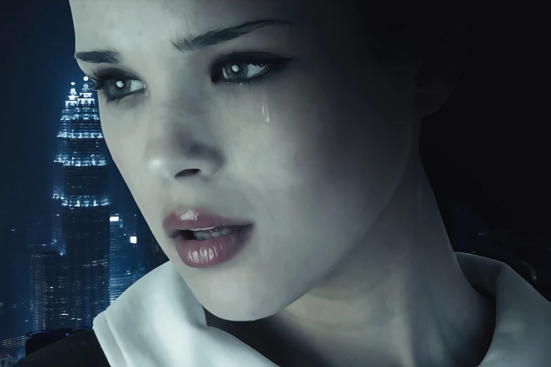 a close up of a person with a city in the background, inspired by Vincent Lefevre, trending on cg society, digital art, woman crying, film noir realistic, crying one single tear, eve online movie still