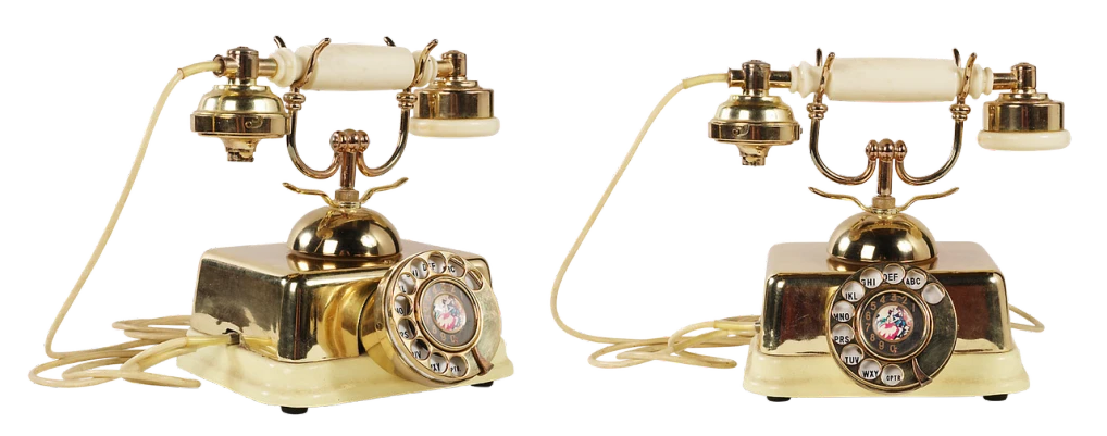 a pair of telephones sitting next to each other, a portrait, pixabay, art nouveau, gold and luxury materials, ivory, front and back view, high quality product photography