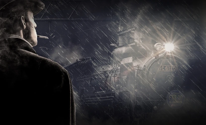 a man standing in front of a train in the rain, a detailed matte painting, digital art, noir detective and a fedora, banner, houdini & photoshop, the plaguefather