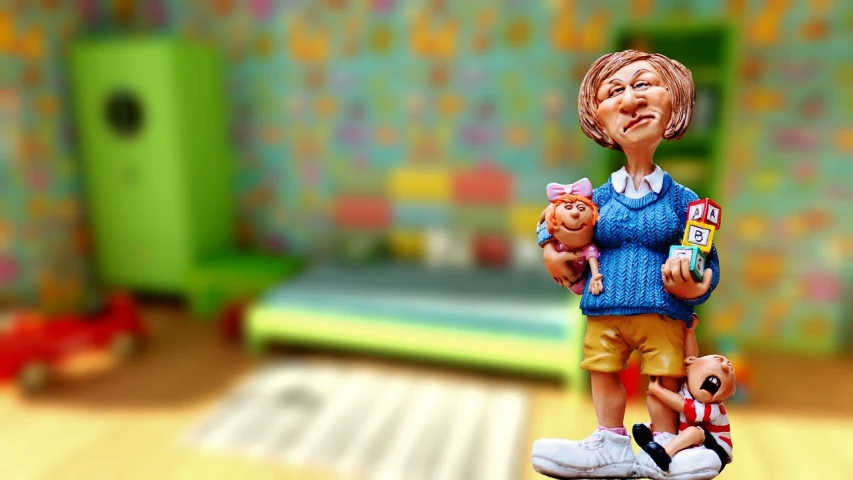 a figurine of a woman holding two teddy bears, a statue, by senior artist, trending on pixabay, naive art, inside a child's bedroom, wrinkly, subject is smiling, 3 d cartoon