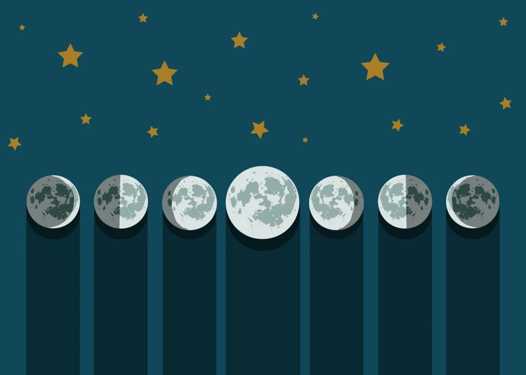 a row of phases of the moon with stars in the background, an illustration of, space art, flat surreal design, encyclopedia illustration, sleek round shapes, concept illustration