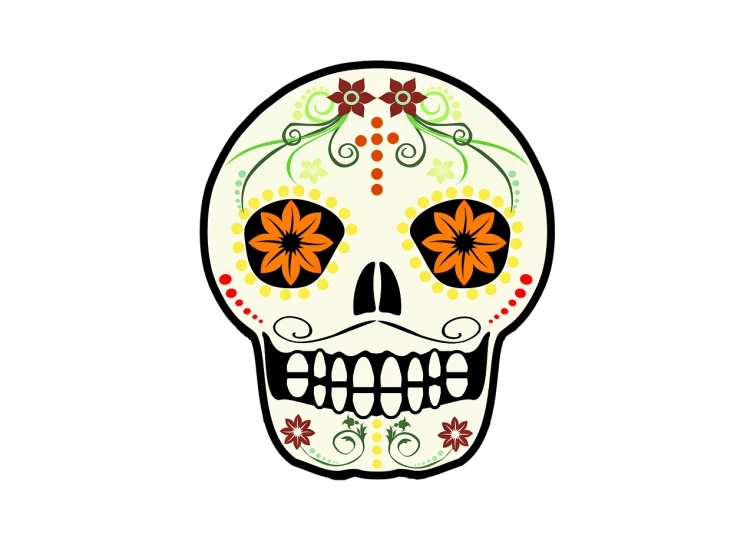 a close up of a skull on a black background, vector art, folk art, flower face, clipart, frida, holiday season