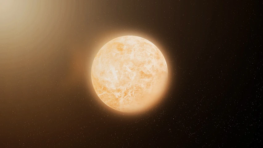 the sun shines brightly in the night sky, a digital rendering, venus planet symbol, light orange mist, high angle close up shot, on the moon