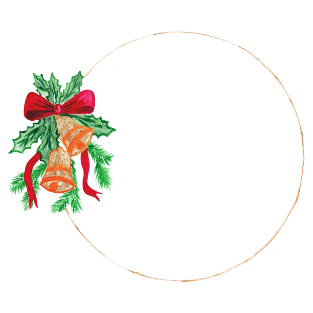 a drawing of a christmas wreath with bells, a digital rendering, inspired by Masamitsu Ōta, whole page illustration, colored pencil illustration, background is white and blank, place setting