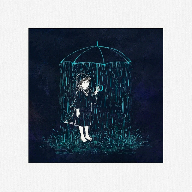 a drawing of a girl holding an umbrella in the rain, an album cover, conceptual art, dark blue, packshot, unframed, poster illustration