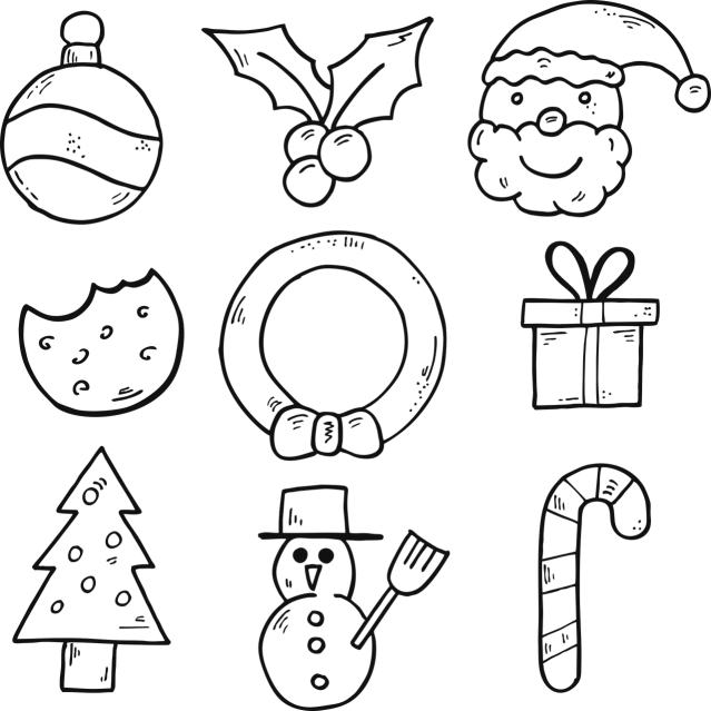 a black and white drawing of christmas items, by Puru, trending on pixabay, solid black background, 2 0 5 6 x 2 0 5 6, various backgrounds, pastel