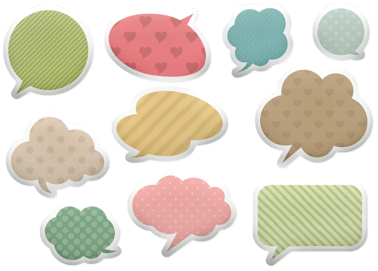 a set of speech bubbles on a white background, by Nishida Shun'ei, scrapbook paper collage, in retro colors, promo image, puffy