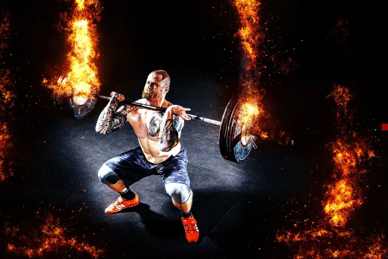 a man holding a barbell in front of fire, figuration libre, beautiful wallpaper, full body photo, background image, most strongest pose