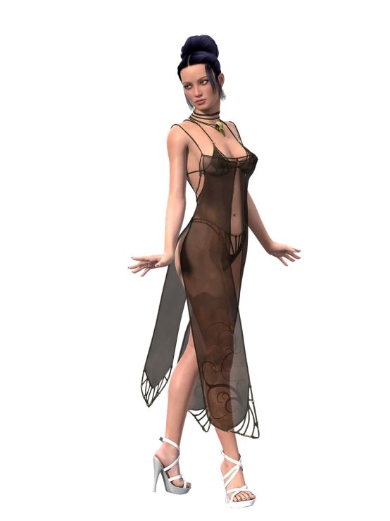 a woman in a brown dress posing for a picture, a 3D render, inspired by Constance Gordon-Cumming, cg society contest winner, see through dress, exotic costumes, tifa, nightgown