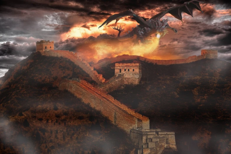 a dragon flying over the great wall of china, digital art, ruins of hell, rescue from the underworld, edited, cover shot