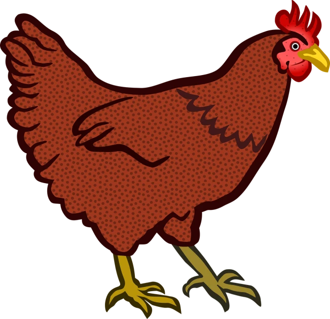 a close up of a chicken on a black background, an illustration of, by David Budd, pixabay, naive art, red and brown color scheme, cell shaded cartoon, various posed, 4 legs