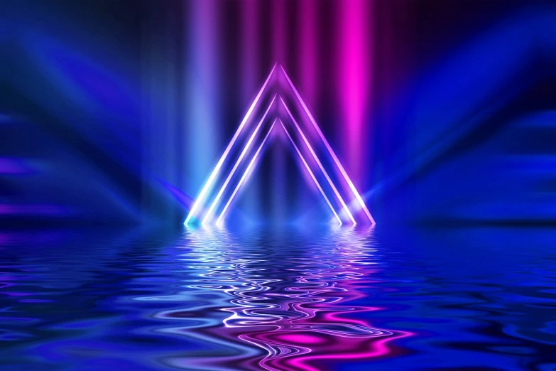 a neon triangle in the middle of a body of water, futurism, stage background, three-dimensional image, dramatic gradient lighting, tabernacle deep focus