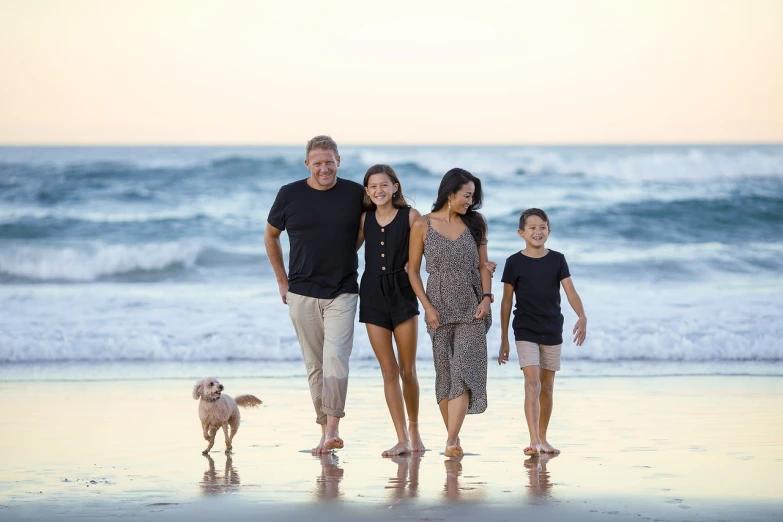 a family walking on the beach with a dog, a portrait, by Juan O'Gorman, outdoors business portrait, bulli, oc, gen z