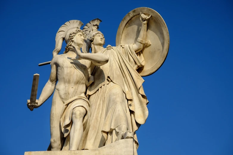 a statue of a man holding a shield and a shield, a statue, by Achille Leonardi, shutterstock, the god athena, military, ivory, paris