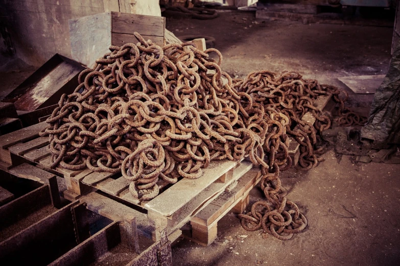 a pile of chains sitting on top of a wooden pallet, by Ai Weiwei, unsplash, process art, bent rusted iron, instagram photo, shipyard, holes