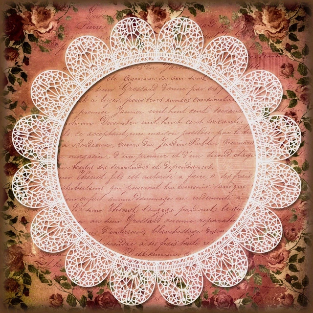 a close up of a doily on a piece of paper, inspired by Cindy Wright, trending on pixabay, baroque, rose background, beautiful frames, old script, retro style ”