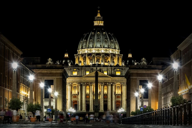 a large building with a dome lit up at night, inspired by Cagnaccio di San Pietro, shutterstock, symmetry!! full shot!!, tonemapped, extraodinary masterpiece!!!!!!, family