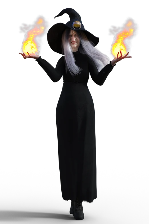 a woman dressed as a witch holding fire in her hands, a 3D render, white haired lady, symmetrical fullbody rendering, burning hands, middle-aged witch