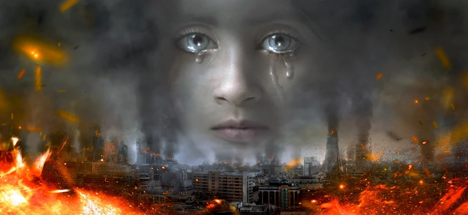 a close up of a person with a city in the background, by Jesús Mari Lazkano, deviantart contest winner, digital art, woman crying, city destruction, the world on fire, sad eyes tears