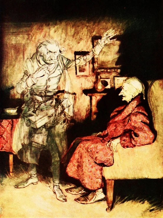 a painting of two women sitting on a couch, by Arthur Rackham, wise old man, detailed picture, karl marx, screeching