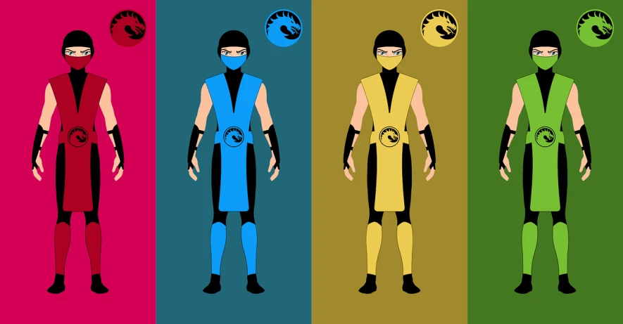 a group of four different colored ninja suits, vector art, sots art, scorpion from mortal kombat, ice color scheme, dragon ball style, b