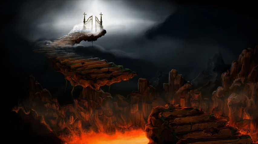 a ship that is floating over some rocks, deviantart contest winner, digital art, stairs from hell to heaven, bridge, biblical painting, hell fire
