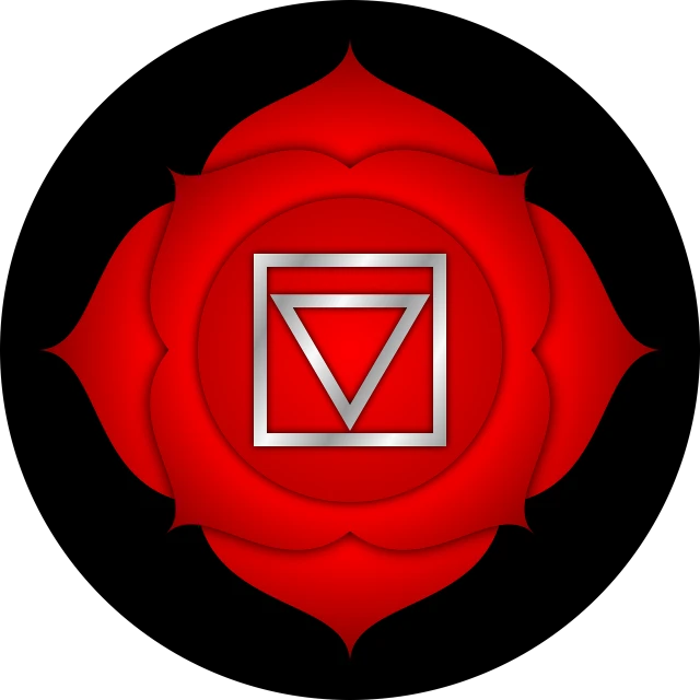 a red flower with a silver triangle in the middle, sots art, sukhasana, sharp focus vector centered, rose twining, onyx