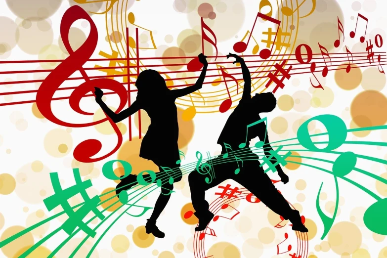 a couple of people that are dancing with musical notes, various artists, rocking out, artwork ”, ¯_(ツ)_/¯