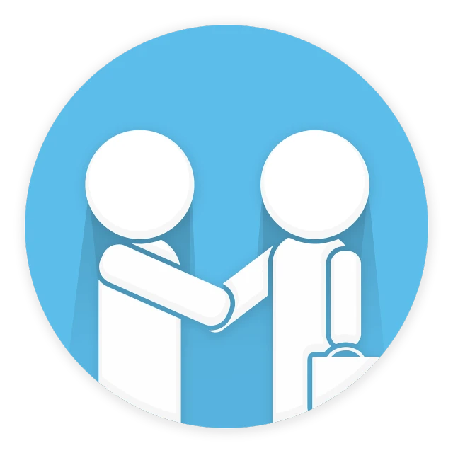 two people shaking hands in front of a blue circle, by Julian Allen, pixabay contest winner, corporate phone app icon, on a flat color black background, bag, upper body avatar