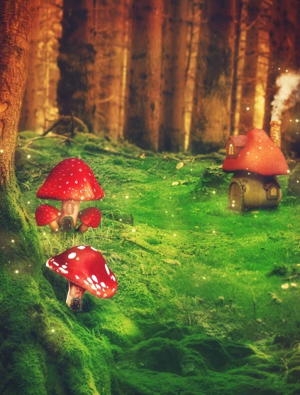 a group of mushrooms sitting on top of a lush green forest, inspired by Alexander Jansson, digital art, red realistic 3 d render, high quality fantasy stock photo, 🕹️ 😎 🔫 🤖 🚬, cottage in the forest