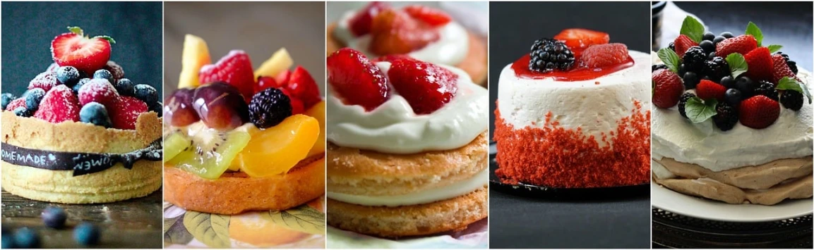 a collage of different cakes with different toppings, inspired by Antonio Rotta, trending on pixabay, renaissance, plates of fruit, trio, red and white color theme, 7 0 mm photo